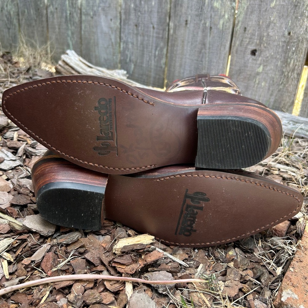 Laredo Brown Leather Western Cowgirl Boots Lizard Embossed Wingtip Pointed Toe - Picture 7 of 10